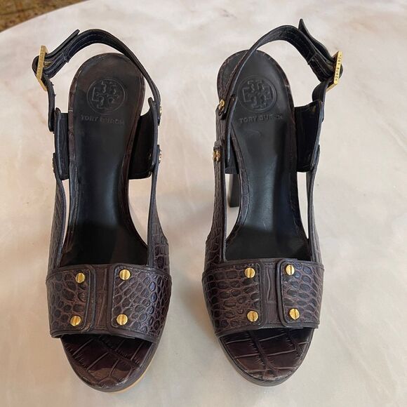 Tory Burch Monique Americana Brown Embossed Crocodile Peep Toe Sandals 10 M - Picture 1 of 9